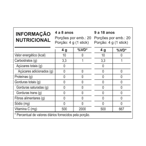 Tabela Nutricional - VITAMINA C 500 MG - POP TEEN - ENERGRIP - 20 STICKS - SABOR LARANJA}